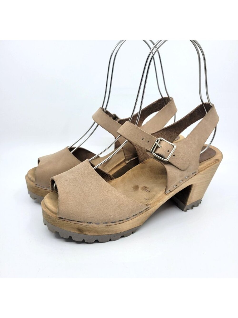 MIA Anja Swedish Clogs Womens EU 39 Size 8 Tan Leather Wood Platform Heel Peep T